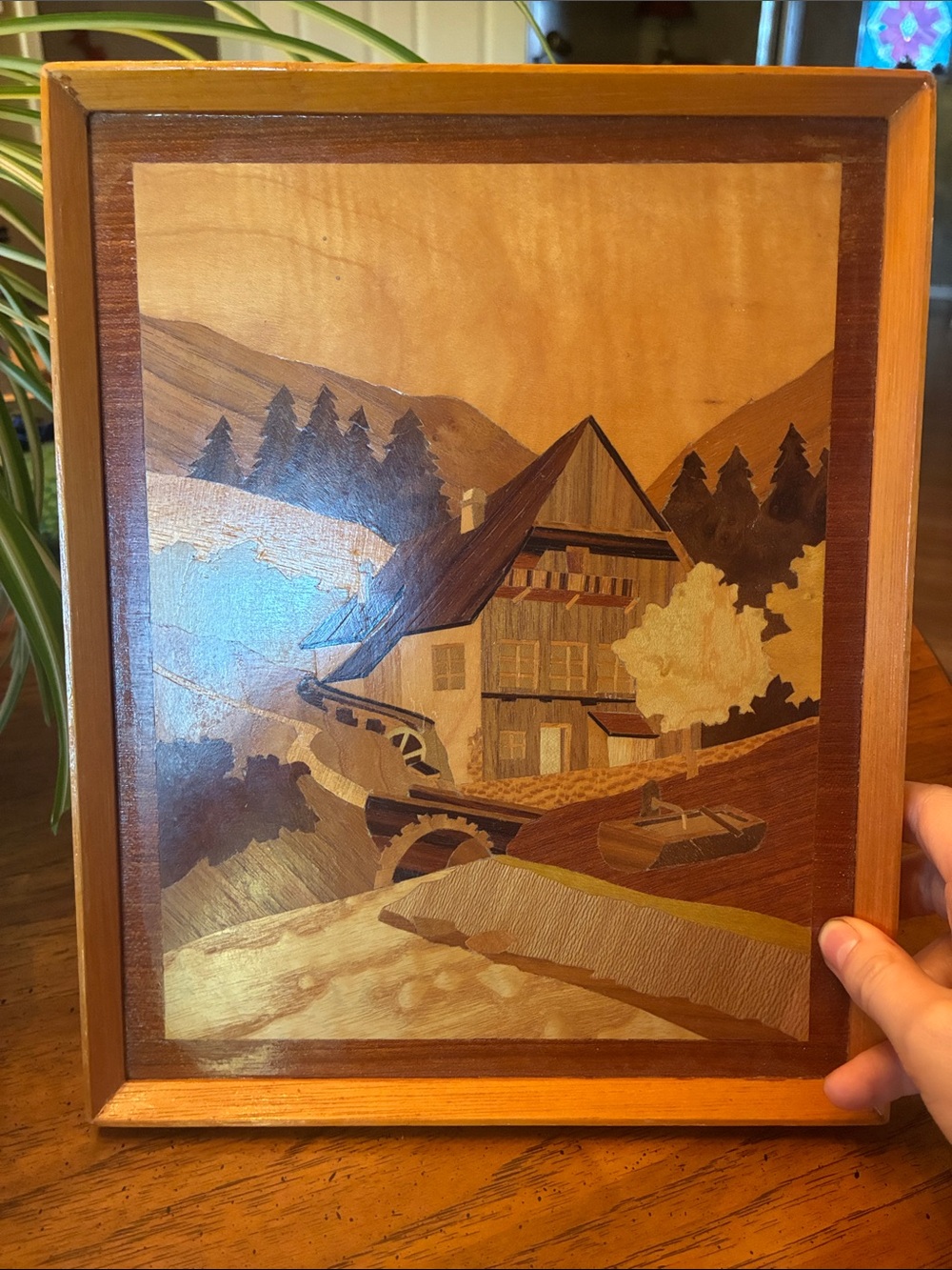 Wood Inlay Mountain Cottage Wall Art - Brown Tones